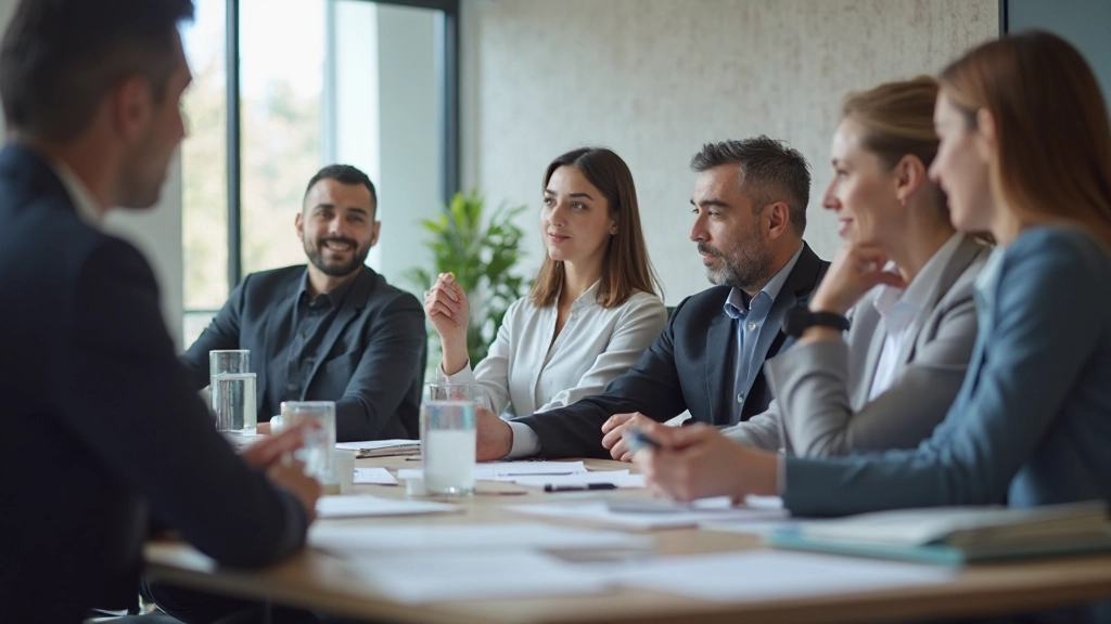 Группа профессионалов участвует в обучающем семинаре, обсуждая и обмениваясь знаниями в современном офисном помещении